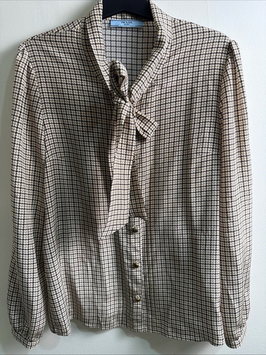 Prada Tops - Prada Silk Houndstooth Tie-Neck Womens Shirt